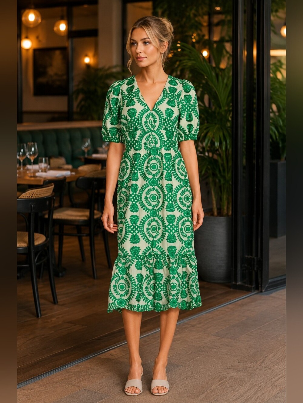 Adelyn Rae Green Printed Midi Dress on Cream Base